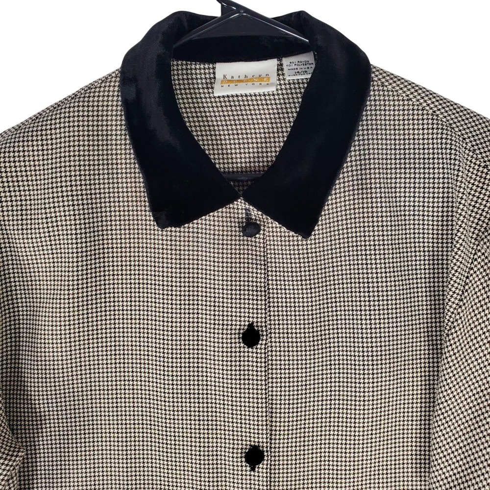 Kathryn Deene Houndstooth Shirt Jacket Velvet Collar Tan Black Vintage 14/16